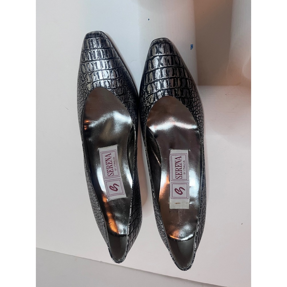 Serena D D'Italia Womens Silver Metallic Croc Embossed Leather Heels 8M NEW